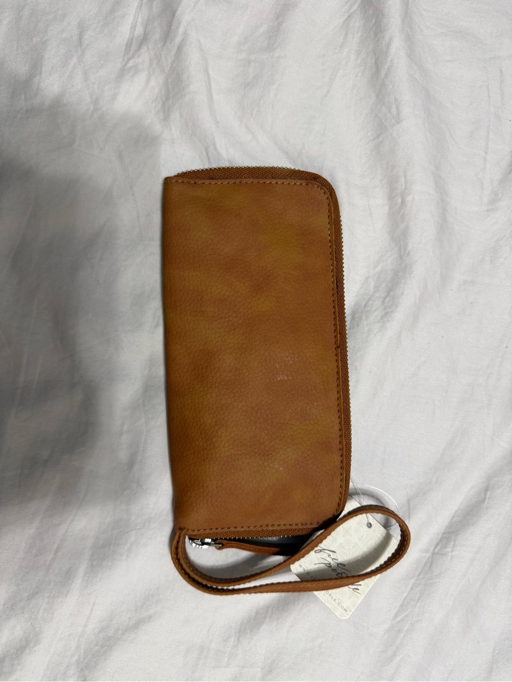 Free People Cognac Leather Zip Wallet Wristlet
